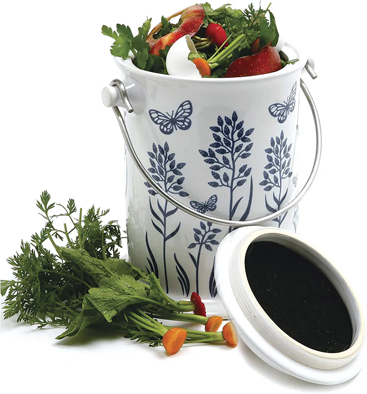 Ceramic Floral Blue/White Compost Keeper, 3 Quart - Image 2